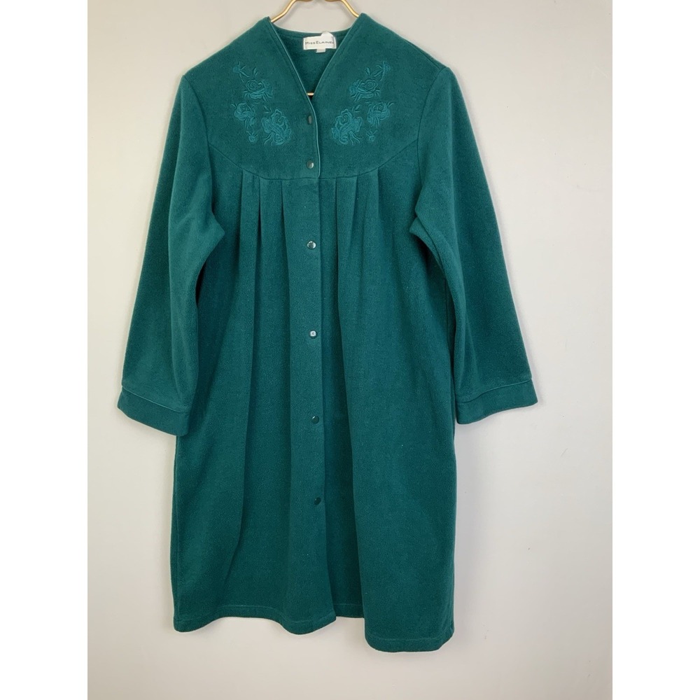 Miss Elaine Small Green Embroidered Brushed Back Terry Short Snap Robe Housecoat